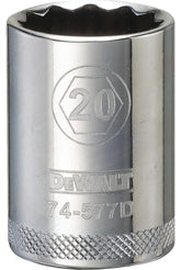 DeWALT DWMT74577OSP Drive Socket, 20 mm Socket, 1/2 in Drive, 12-Point, Vanadium Steel, Polished Chrome